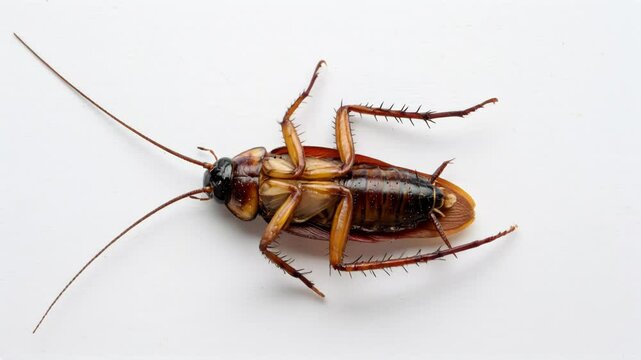 Dead Cockroach on White Background - A detailed close-up shot of a deceased cockroach lying on its back against a clean white surface. Its legs and antennae are splayed out.
