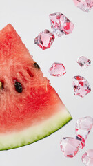 A slice of watermelon with pink ice cubes scattered around it. The background is plain and white, emphasizing the freshness of the fruit and the coolness of the ice.