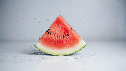A fresh slice of watermelon with vibrant red flesh and green rind, placed on a reflective surface. Water droplets are splashing around it.