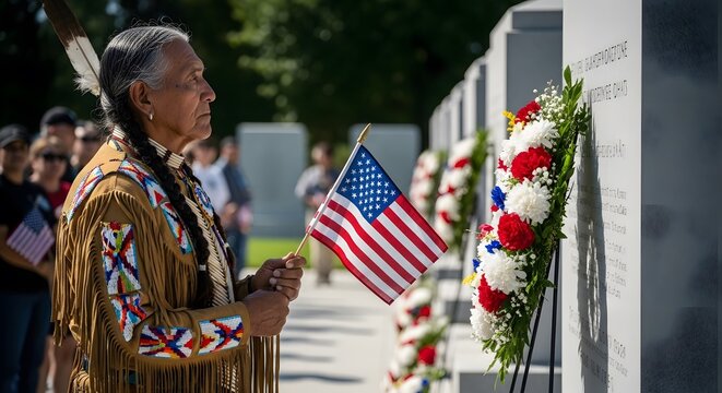 Native American Elder Holding U.S. Flag at Memorial – Reflective Independence Day Portrait - Powered by Adobe