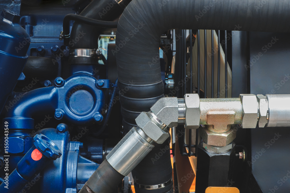 Poster blue engine with a black hose attached to it. the hose is connected to a black pipe