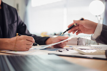 Business team discuss and explain marketing plan to plan financial strategy for business owner...