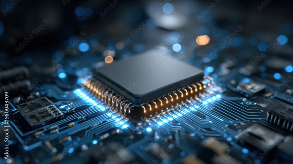 Poster a detailed view of a microprocessor placed on a circuit board. the electronic components are illumin