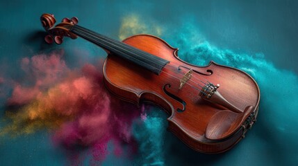 Fototapeta premium A beautifully crafted wooden violin lies on a table, surrounded by vibrant colored dust clouds. The setup highlights the instrument's elegance and craftsmanship in a bold artistic display.