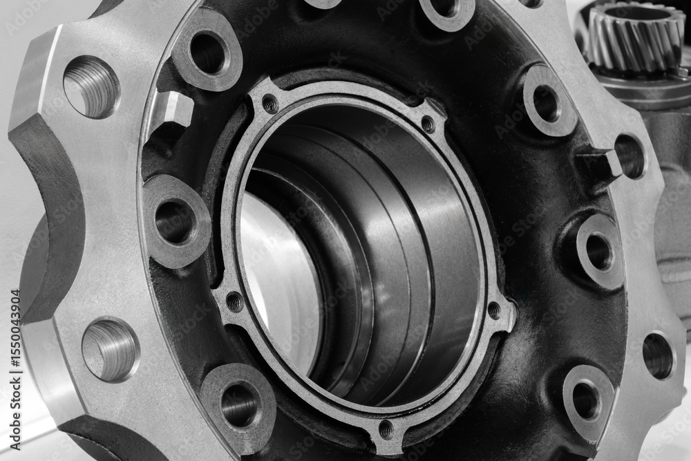 Poster close up of a wheel with many holes in it. wheel is black and silver. holes are evenly spaced and wh