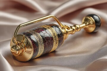 Luxurious Gold and Dark Purple Perfume Atomizer on Silk Fabric Elegant Design Detailed Craftsmanship