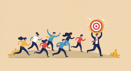 Obraz premium Flat Design People Running Toward Target Held by Businessman’s Hand – Business Goal Achievement Concept