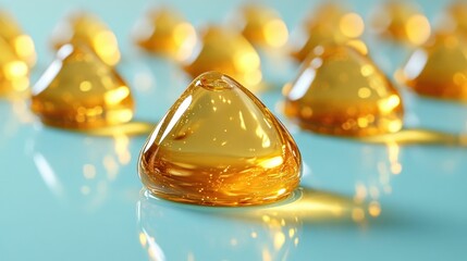 Golden, glassy, teardrop shapes on a teal surface