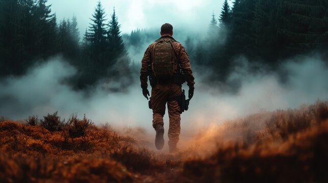 A soldier clad in tactical gear walks purposefully through a misty forest landscape, embodying themes of resilience, defense, and the introspective journey of military service.
