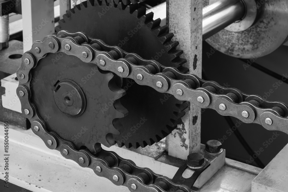 Poster chain is attached to a gear and is being used to power a machine. chain is made of metal and is blac