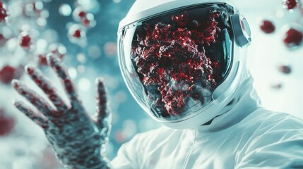 A humanoid figure in a spacesuit has a head made of virus particles, representing the intersection of space exploration and contemporary health challenges in a striking visual.