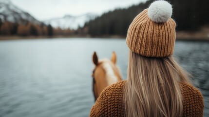 A tranquil scene capturing a woman in a knitted hat admiring her horse by a calm lake, reflecting the beauty of nature and the bond between humans and animals.