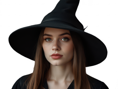 Portrait of beautiful woman in witch halloween costume with black hat on transparent background