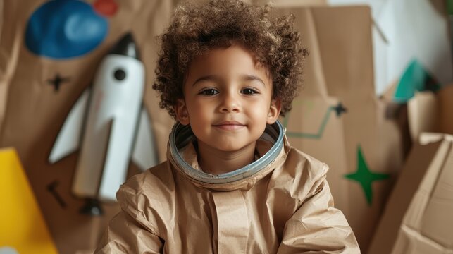A cheerful young child dressed as an astronaut sits among cardboard cutouts, showcasing imagination and dreams of space exploration in a playful and creative setting.