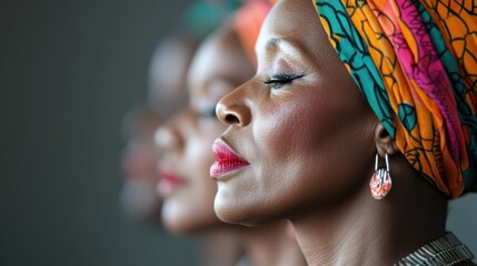 The image showcases three women in profile, adorned in colorful headscarves, exuding grace and confidence, with an emphasis on their serene expressions and elegant features.
