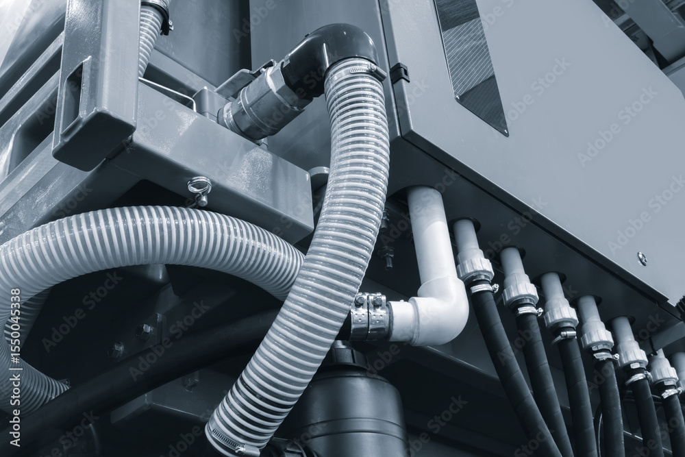 Poster large machine with many white pipes and wires industrial background for a web banner template page b