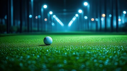 Golf ball on illuminated putting green at night