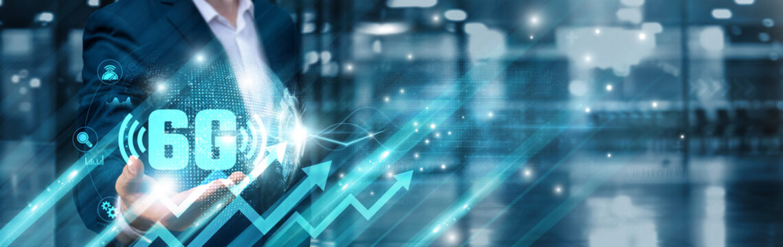 6G Technology, Businessman holding ultra-fast communication icon and interconnected global network, quantum computing, holographic transmission, intelligent edge devices, real-time data exchange. - Powered by Adobe