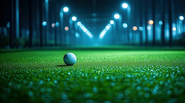 Golf ball on illuminated putting green at night