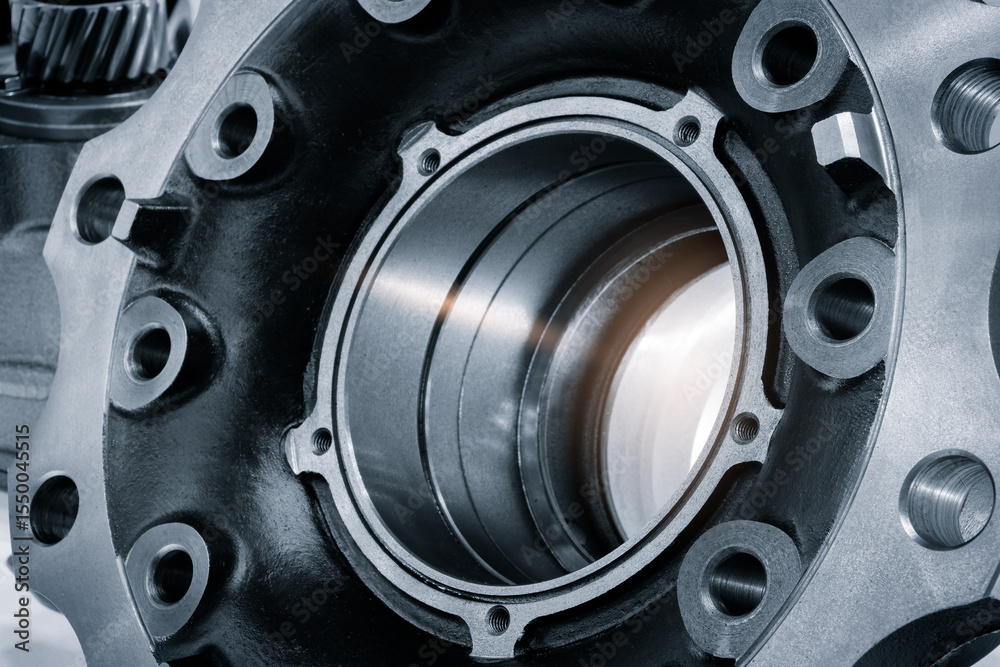Poster close up of a wheel with many holes in it. wheel is black and silver. holes are evenly spaced and wh