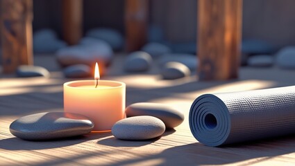 Yoga mat, lit candle, and smooth stones in a serene setting with soft natural light