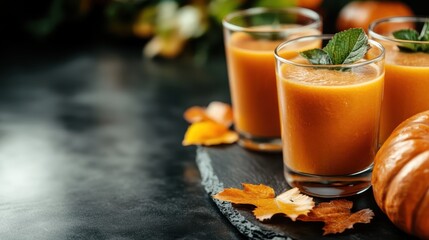 Three delicious pumpkin smoothies garnished with mint leaves sit on a dark surface, showcasing the flavors of autumn and the joy of festive gatherings with friends.