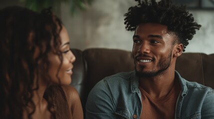 A lovely couple shares warm smiles on a couch, capturing intimate moments of connection and affection that reflect love and companionship in a comfortable environment.