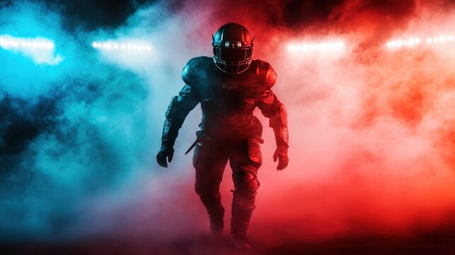 A powerful silhouette of a football player shrouded in smoke and illuminated by vibrant blue and red lights, portraying intensity and the spirit of competitive sports.