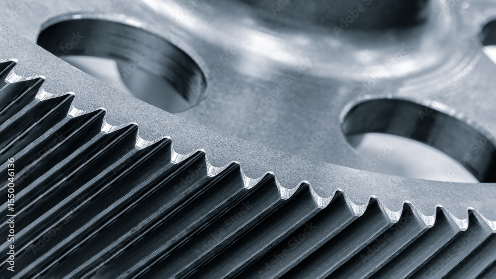 Poster close up gear is made of metal and has lot of teeth. teeth are sharp and pointy, which makes the gea