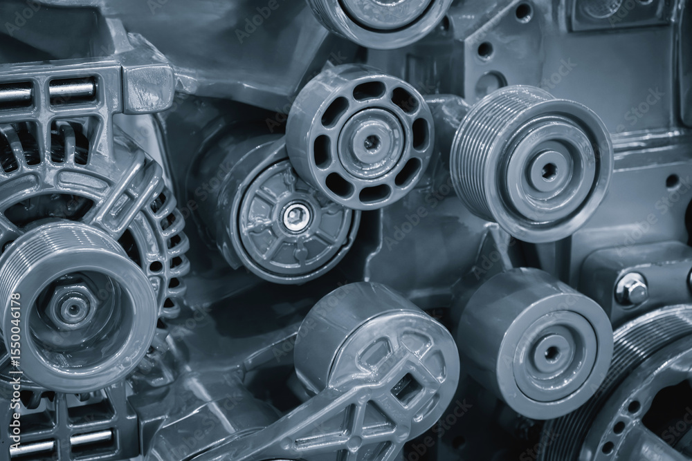 Poster car engine with many gears and a lot of detail. Concept of complexity and intricacy, as well as  importance of engine in overall functioning of vehicle blue tone