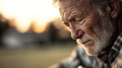 An elderly man with a white beard deeply engages with his guitar, reflecting on life and music as the sunset casts a warm glow around him.