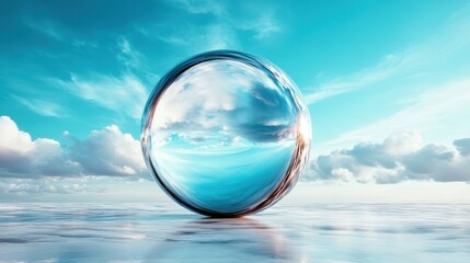 An ethereal orb floats against a clear, tranquil sky, reflecting clouds and light, representing abstract concepts of perception and the beauty of the universe.