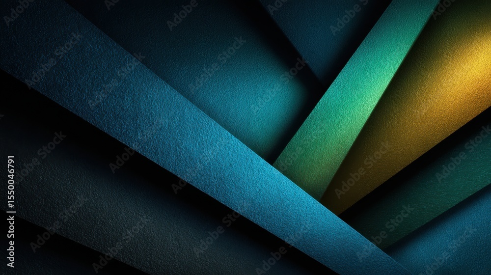 Poster layered sheets of colored paper in blue, green, and yellow create dynamic geometric patterns in a ca