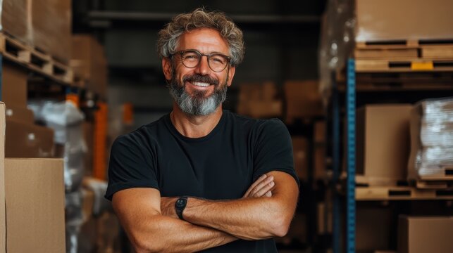 A warm and cheerful portrait of a smiling middle-aged man with a beard stands confidently amidst a warehouse setting, reflecting professionalism and approachability. - Powered by Adobe