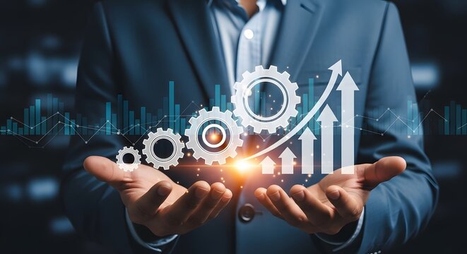 Businessman displays upward trending growth graph with gears symbolizing efficient workflow and strategic planning for success.