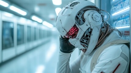A robotic figure with a distressed expression, showcasing a juxtaposition of technology and emotion. This image explores themes of isolation and the future.