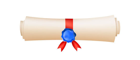 3d diploma scroll icon. Diploma with blue wax seal.