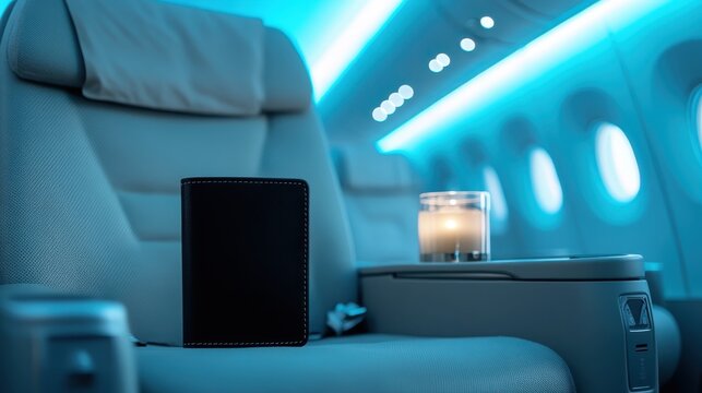 A serene airplane interior image featuring a black passport resting on a comfortable seat, creating a sense of adventure and anticipation for travel enthusiasts.