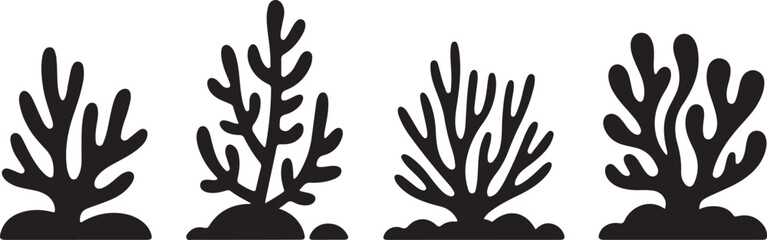 Obraz premium This image features four distinct coral formations in silhouette, showcasing various organic shapes, accompanied by the text 