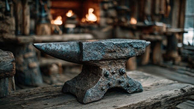 A sturdy anvil sits on a worn wooden table inside a rustic blacksmith shop. Behind it, glowing furnaces illuminate the dark space, highlighting tools and equipment.