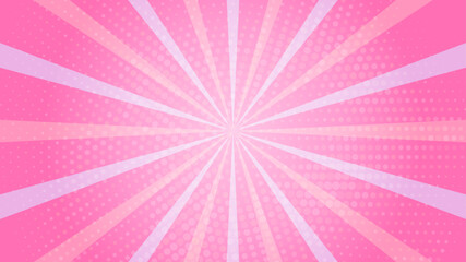 Retro rose pink sun rays on halftone bg. Pop art comic cartoon
