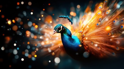 This striking image reveals a majestic peacock showcasing its vibrant, colorful feathers in a beautiful display, captivating viewers with its artistic elegance and charm.