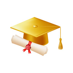 3d diploma scroll with graduate hat. Vintage roll paper