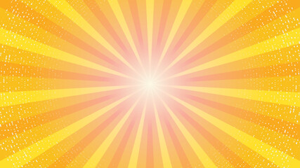 Retro orange sun rays on yellow halftone bg