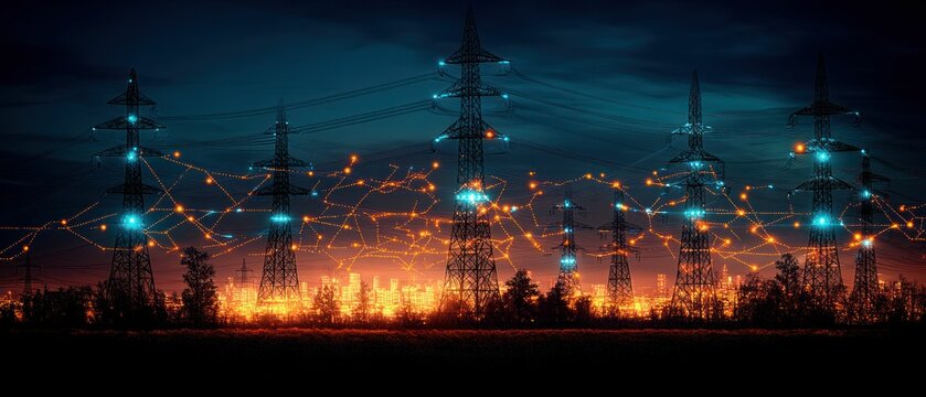 Illuminated power lines at night, network graphic