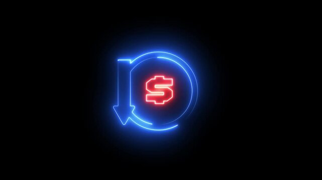 Neon Glowing Financial Loss Animation, Dollar Sign Currency with Downward Arrow, Economic Recession Icon, HD Motion Graphic with Alpha Channel