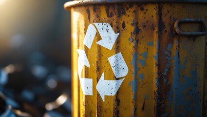 Yellow metal recycling bin with white recycle symbol in sunlight, promoting environmental sustainability