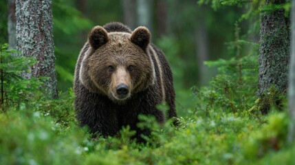Fototapeta premium A brown bear navigates through a dense, green forest during the early morning. Sunlight filters through the trees, highlighting the rich flora and the bear's powerful presence.