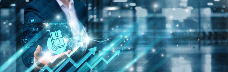 Businessman holding procurement management icon and integrated supply-chain global network, contract optimization, strategic sourcing, supplier collaboration, inventory visibility, cost efficiency