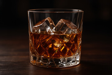 Amber Liquid in Cut Crystal Rocks Glass with Ice Cubes